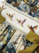 Load image into Gallery viewer, Embroidered fabric with duck designs and a patchwork pattern.