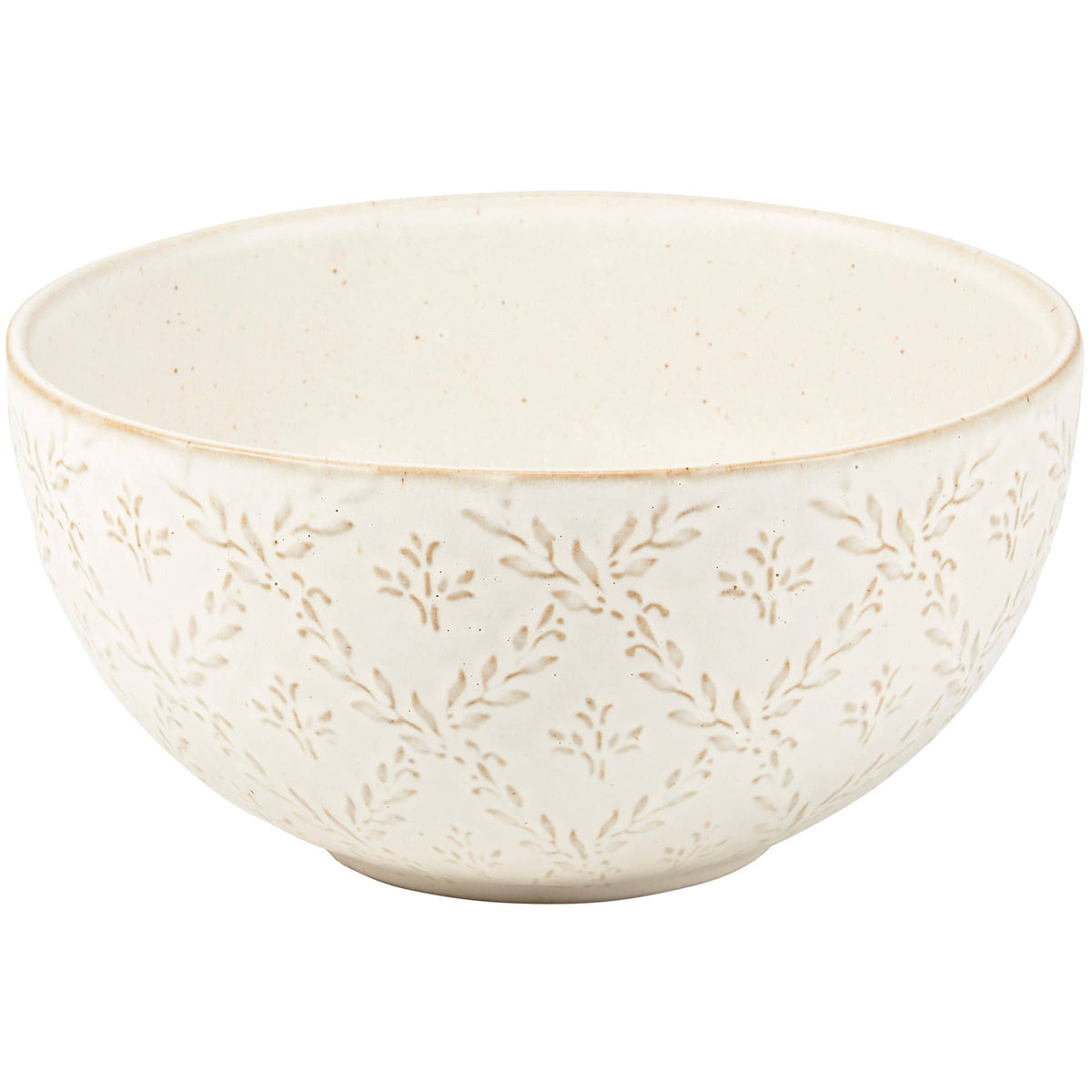 White ceramic bowl with subtle leaf pattern on a white background