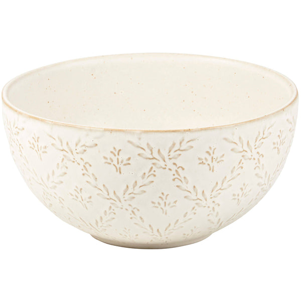 White ceramic bowl with subtle leaf pattern on a white background