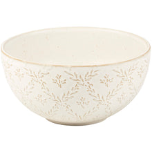 Load image into Gallery viewer, White ceramic bowl with subtle leaf pattern on a white background