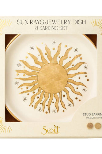 Jewelry dish and earring set packaging with sun design and 'Scout' branding.