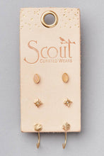 Load image into Gallery viewer, Set of gold earrings on a &#39;Scout Curated Wears&#39; branded card against a gray background