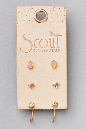 Set of gold earrings on a 'Scout Curated Wears' branded card against a gray background
