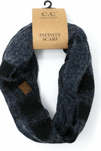 Load image into Gallery viewer, Dark gray infinity scarf with a C.C Exclusives tag on a white background