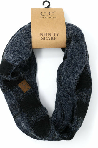 Dark gray infinity scarf with a C.C Exclusives tag on a white background