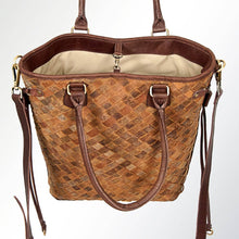 Load image into Gallery viewer, Brown woven handbag with leather straps on a white background