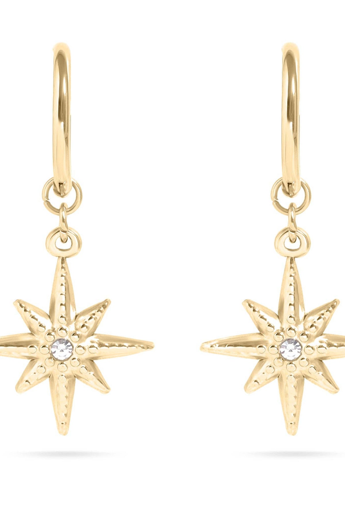 Gold star-shaped earrings with small stones on a white background