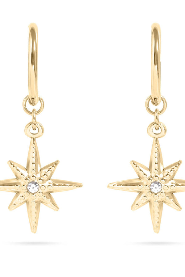 Gold star-shaped earrings with small stones on a white background