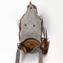 Load image into Gallery viewer, Gray suede handbag with brown leather accents on a white background