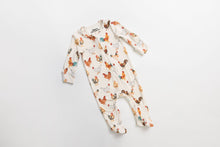 Load image into Gallery viewer, Baby onesie with chicken pattern on a light gray background
