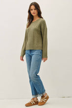 Load image into Gallery viewer, Woman wearing a green sweater, blue jeans, and brown shoes on a white background