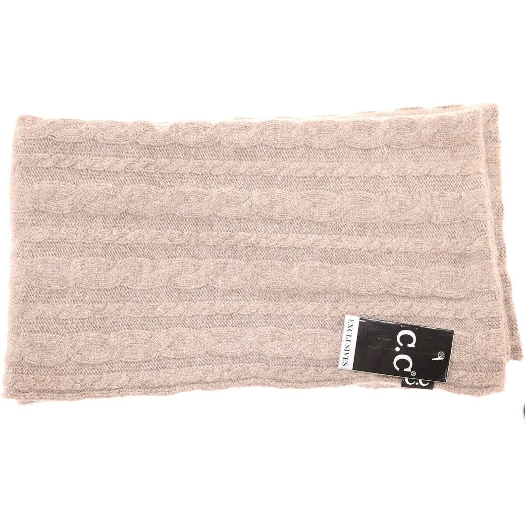 Beige scarf with a label on a white background