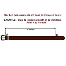 Load image into Gallery viewer, Measurement guide for a belt with labeled points A and B and text explaining size measurement.