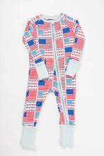 Load image into Gallery viewer, Baby onesie with American flag pattern on a white background