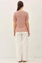 Load image into Gallery viewer, Woman wearing a pink knitted top and white pants on a plain background