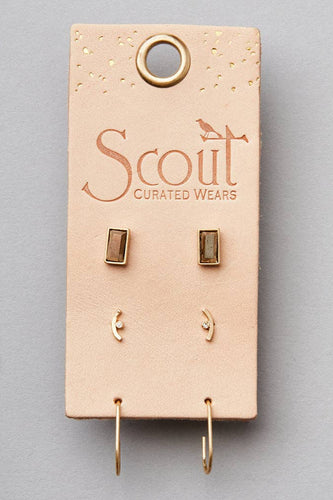 Earring display card with 'Scout Curated Wears' branding on a gray background