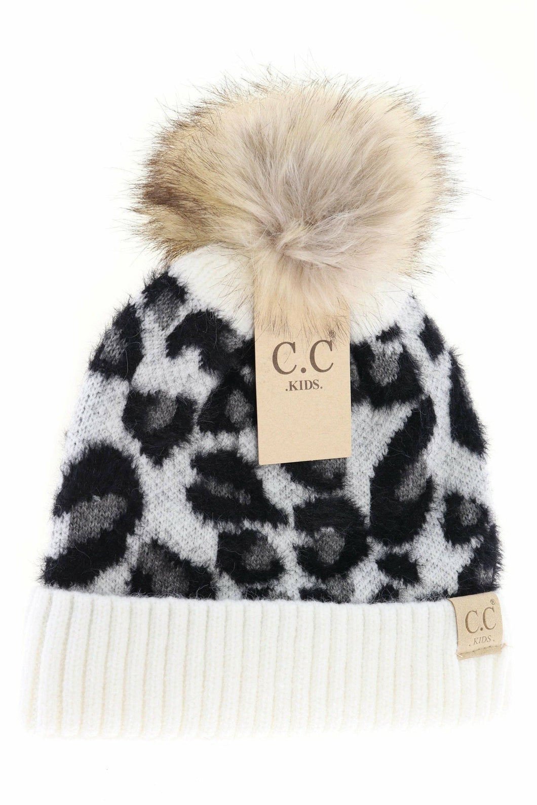 Leopard print beanie with fur pom-pom and C.C Kids tag on a white background