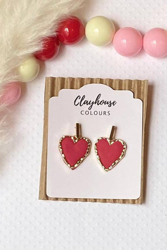 Clayhouse Colours - Heart Earrings: Gold Outline Red