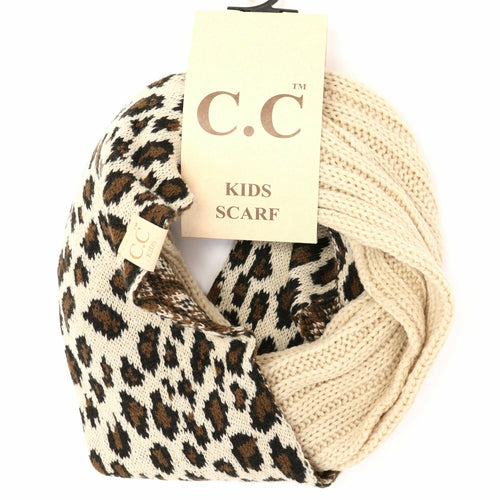 Leopard print and beige scarf with a 'C.C' tag on a white background