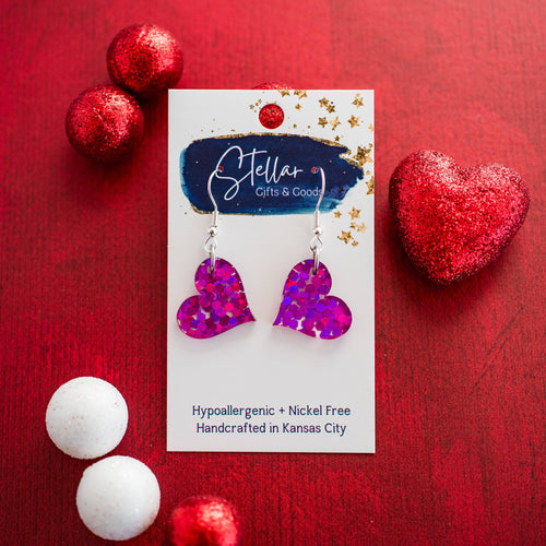 Stellar Gifts & Goods Wholesale - Petite Heart Dangles - Fuchsia Hex Glitter Valentines