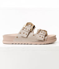 Load image into Gallery viewer, Beige sandal with gold buckles on a white background
