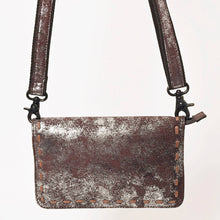 Load image into Gallery viewer, Brown leather crossbody bag with metallic finish on a white background