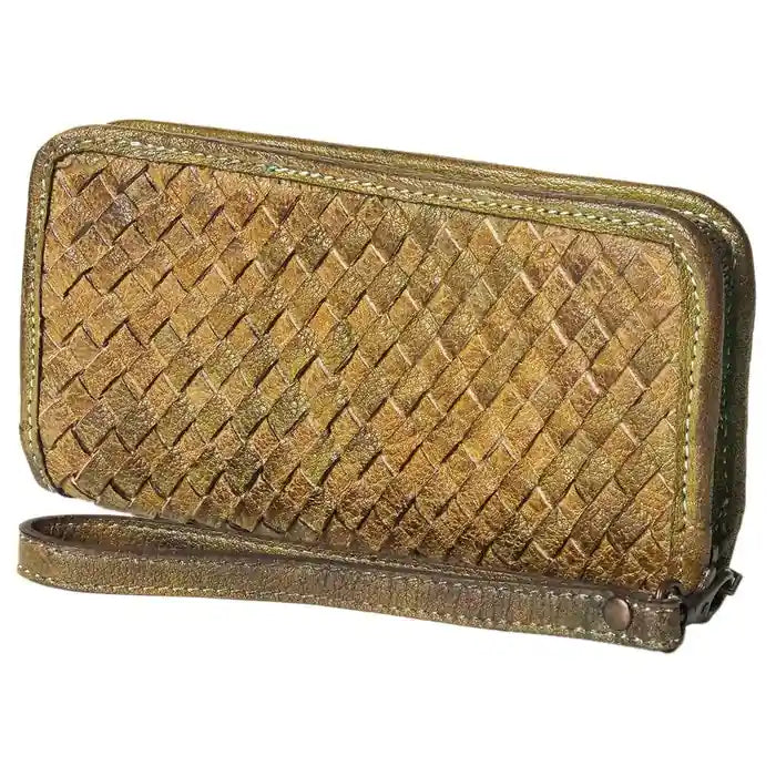 Never Mind Heritage Weave Leather Wristlet Wallet Olive Patina