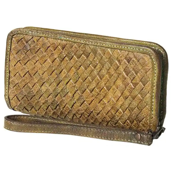 Never Mind Heritage Weave Leather Wristlet Wallet Olive Patina