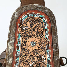 Load image into Gallery viewer, Close-up of a leather bag with intricate floral patterns and fur trim on a white background