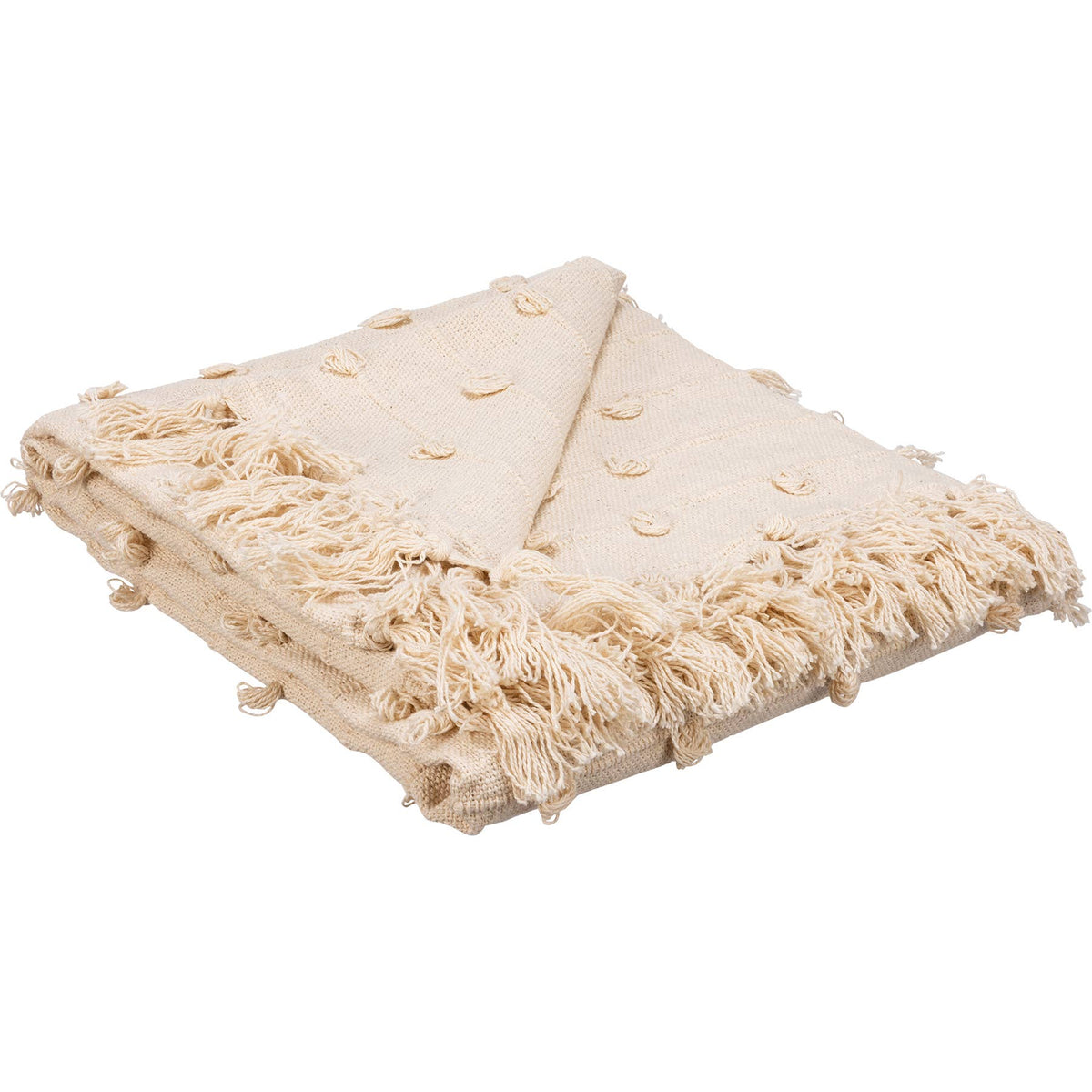 Beige textured blanket with tassels on a white background