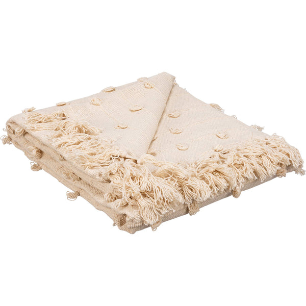 Beige textured blanket with tassels on a white background