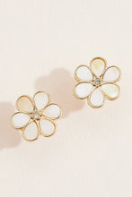 Load image into Gallery viewer, Flower-shaped earrings with gold frames and white centers on a light background
