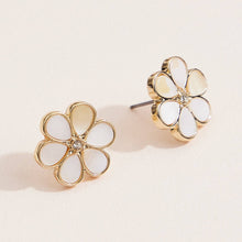 Load image into Gallery viewer, Flower-shaped earrings with gold and white details on a light background