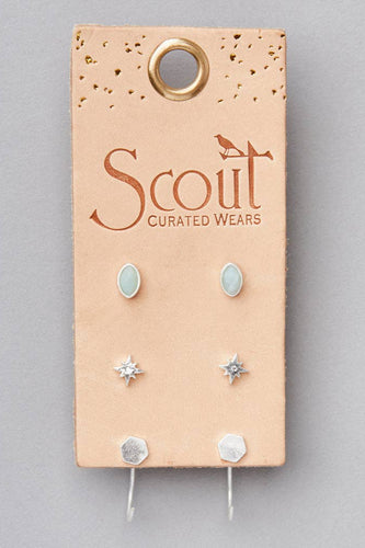Earring card with earrings on a gray background, featuring the 'Scout Curated Wears' brand.