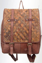 Load image into Gallery viewer, Brown woven backpack with leather straps on a white background