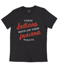 Load image into Gallery viewer, Black t-shirt with red and white text on a white background