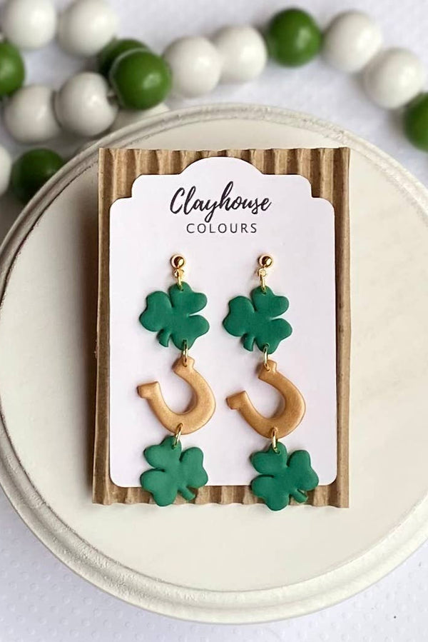 Dangle Shamrock & Horseshoe Clay Earrings