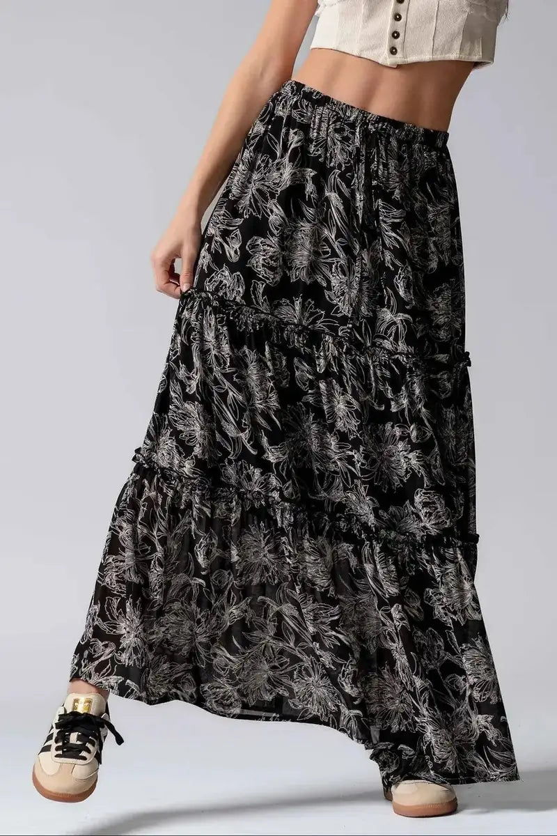 Tiered Ruffle Sketched Floral Maxi Skirt