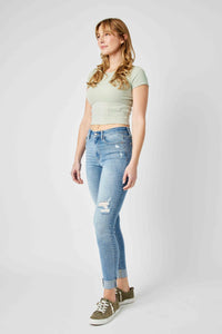 JUDY BLUE Mid Rise Distressed Cuff Skinny