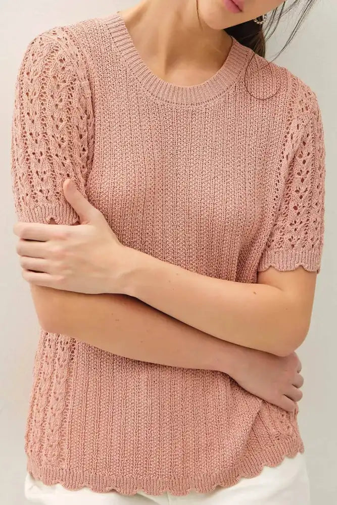 Be Cool - POINTELLE SHORT SLEEVE SWEATER TOP WITH SCALLOP EDGE: BLUSH