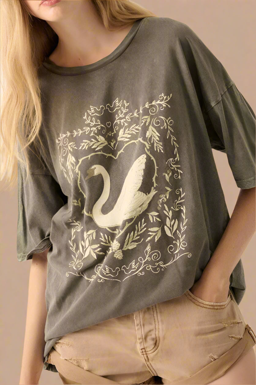 Ornate Swan Vintage-Wash Oversize Graphic Tee