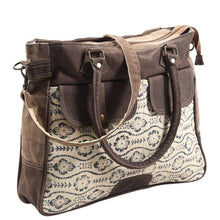 Load image into Gallery viewer, Brown leather and patterned fabric bag on a white background