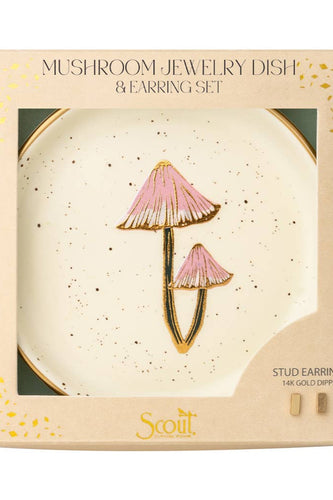 Mushroom jewelry dish and earring set packaging with pink and gold mushrooms on a beige background.