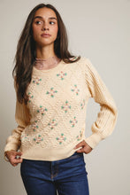 Load image into Gallery viewer, Woman wearing a beige sweater with floral patterns against a plain background