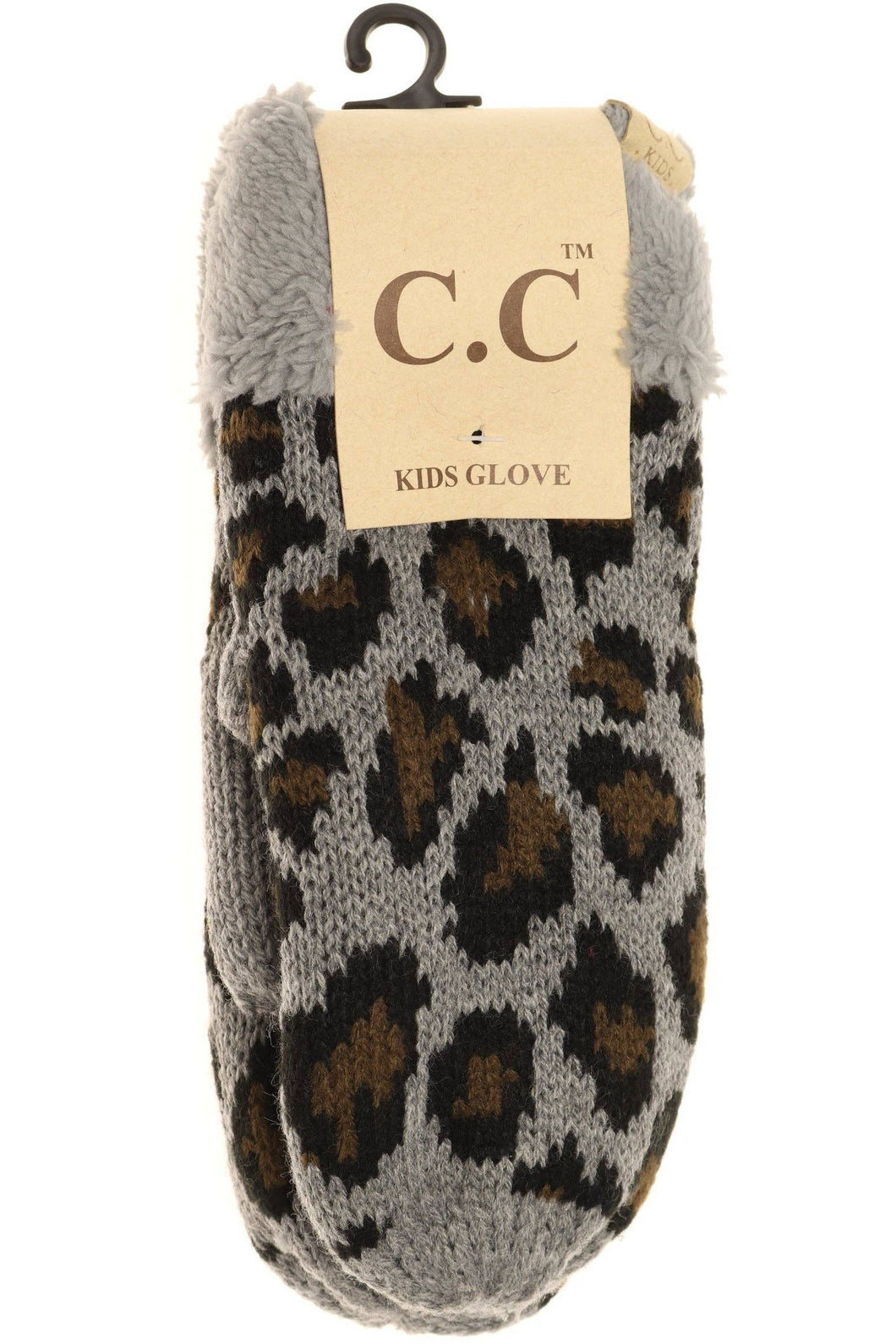 Leopard print sock with gray cuff on a white background, featuring C.C brand label.