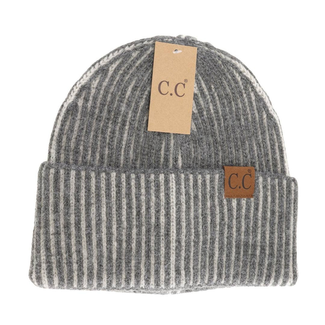 Gray beanie with C.C label on a white background