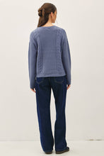 Load image into Gallery viewer, Person wearing a blue knitted sweater and dark blue jeans on a white background