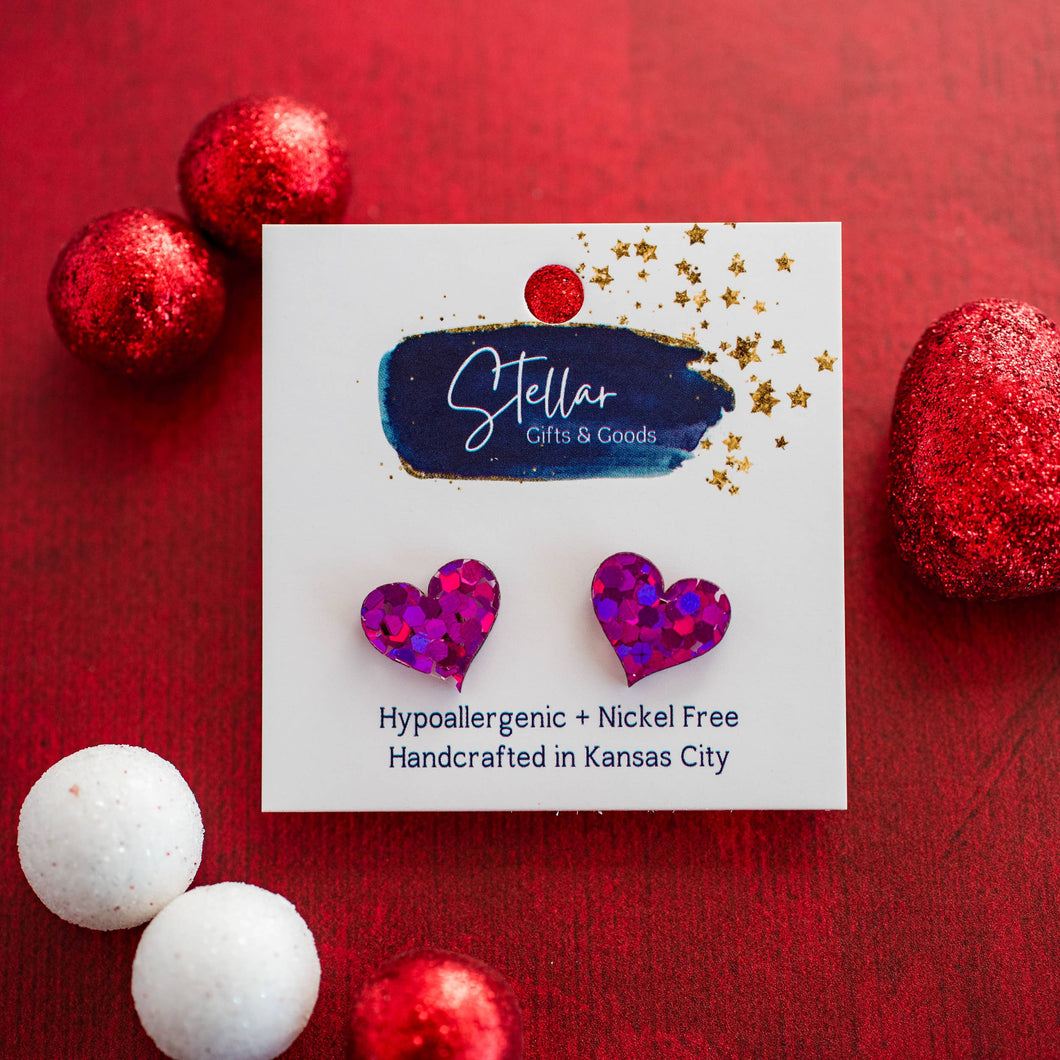 Stellar Gifts & Goods Wholesale - Heart Studs - Fuchsia Hex Glitter Valentines Nickel Free