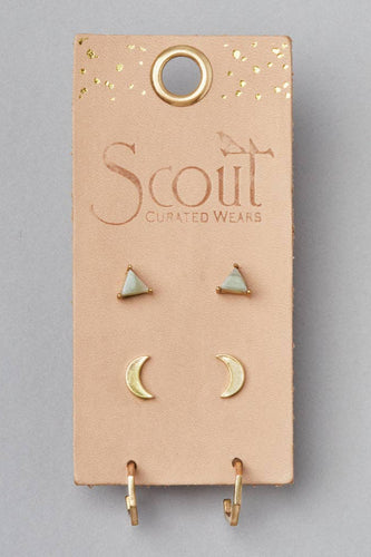 Earring set on a Scout Curated Wears card against a gray background