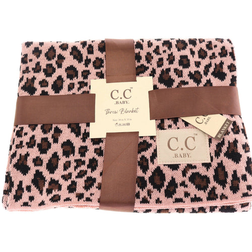 Pink leopard print blanket with brown ribbon and C.C Baby label on a white background